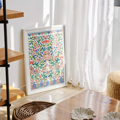 Chinese botanical illustration and botanical poster by Owen Jones from Examples of Chinese Ornament featuring intricate floral patterns and vibrant colors, framed and displayed in home decor