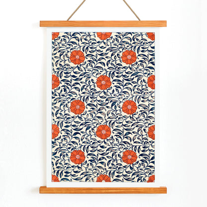 Floral pattern artwork by Owen Jones titled Flower pattern Examples of Chinese Ornament featuring red flowers and blue leaves, with wooden magnetic frame on white background