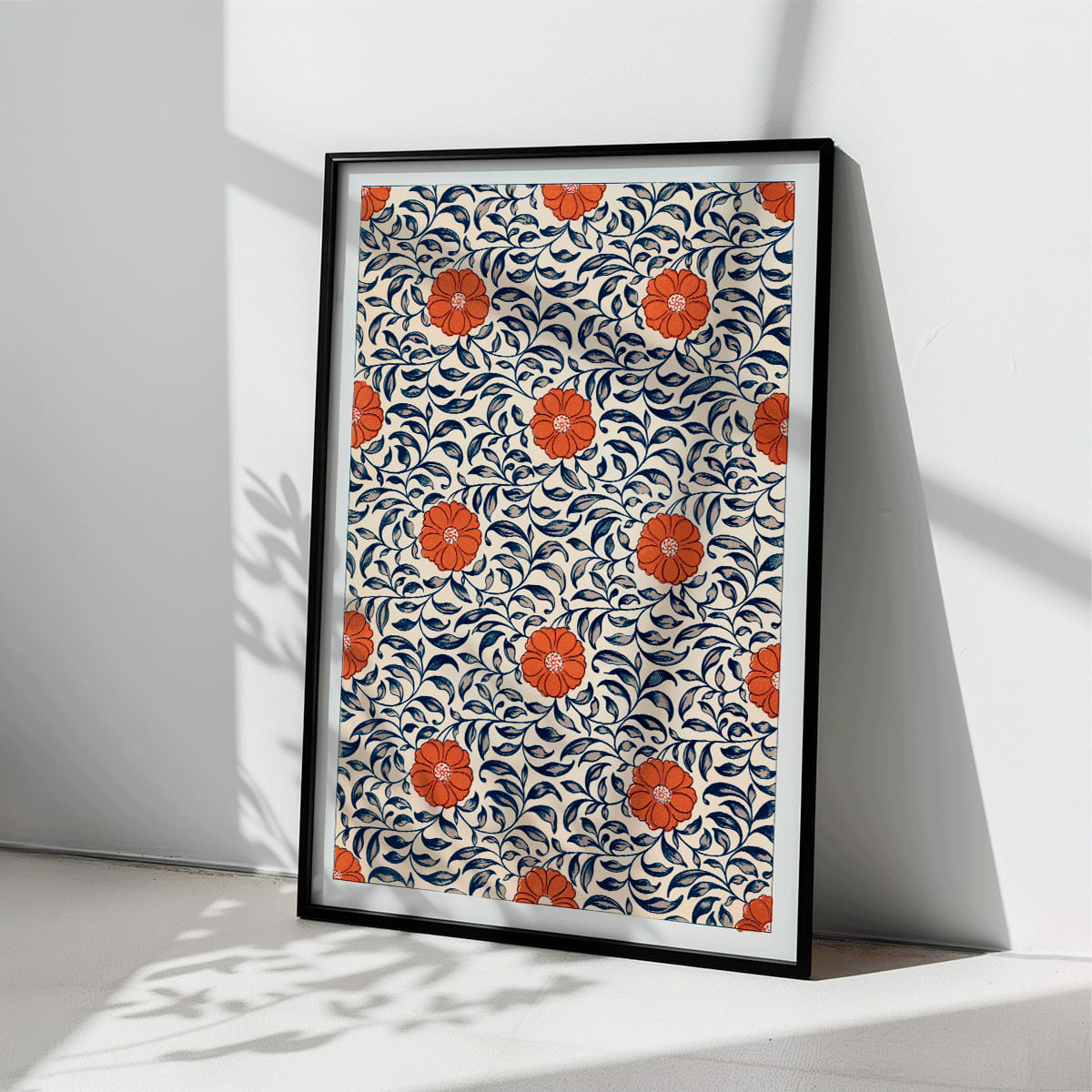 Floral pattern artwork by Owen Jones titled Flower pattern Examples of Chinese Ornament featuring red flowers and blue leaves, framed and displayed in home decor