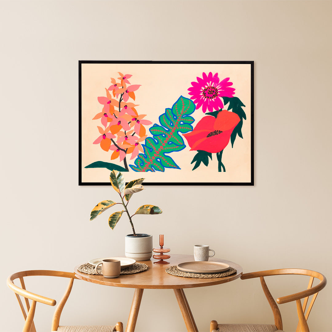 Colorful botanical illustration poster of vibrant pink flowers and green leaves from Leaves and flowers by Atelier Martine on a beige background, framed and displayed in home decor