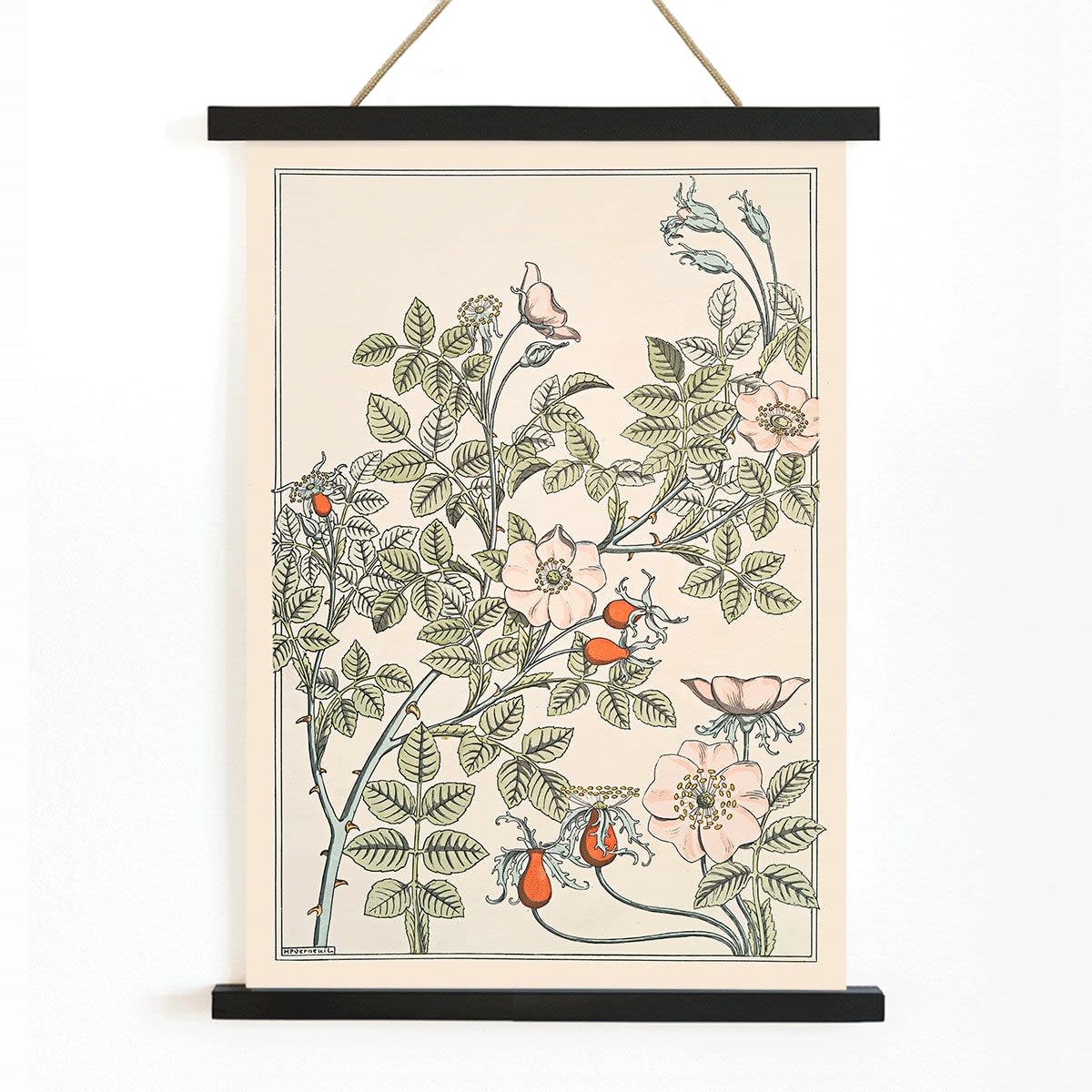 Floral poster of roses and leaves by Maurice Pillard Verneuil titled Eglantier with intricate pastel patterns, with wooden magnetic frame on white background