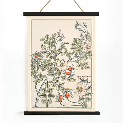 Floral poster of roses and leaves by Maurice Pillard Verneuil titled Eglantier with intricate pastel patterns, with wooden magnetic frame on white background