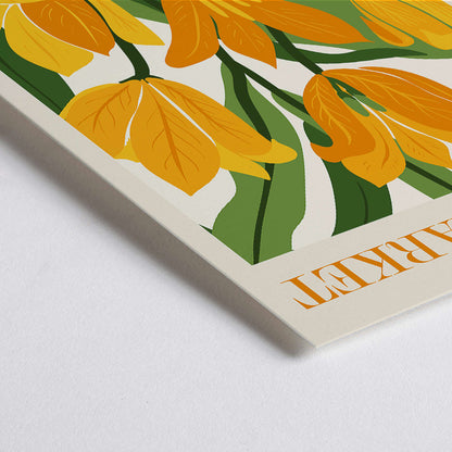 Closeup detail of Yellow and orange flowers with green leaves illustrated poster titled Flower Market Lisbon by Moryarty