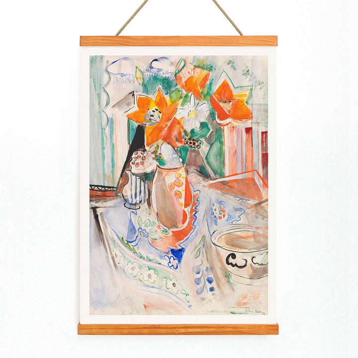 Floral still life poster by Oskar Moll with vibrant flowers in striped jug and bowl on colorful tablecloth, with wooden magnetic frame on white background