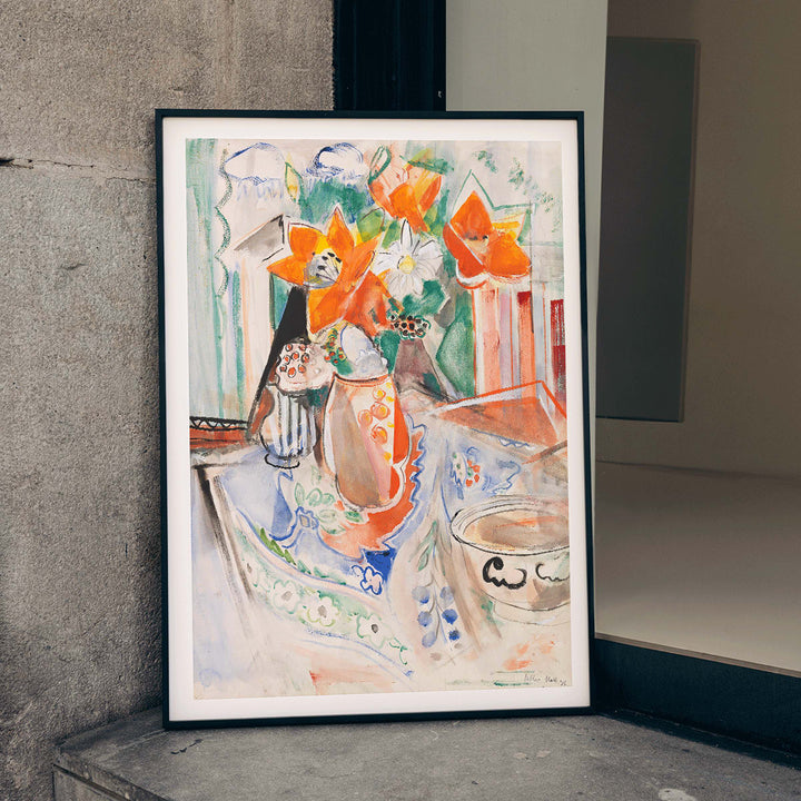 Floral still life poster by Oskar Moll with vibrant flowers in striped jug and bowl on colorful tablecloth, framed and displayed in home decor