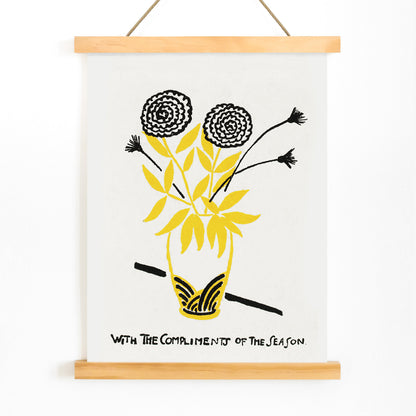 Yellow and black floral arrangement illustration and abstract flower poster in a vase with text With the Compliments of the Season by Henry Lyman Sayen, with wooden magnetic frame on white background