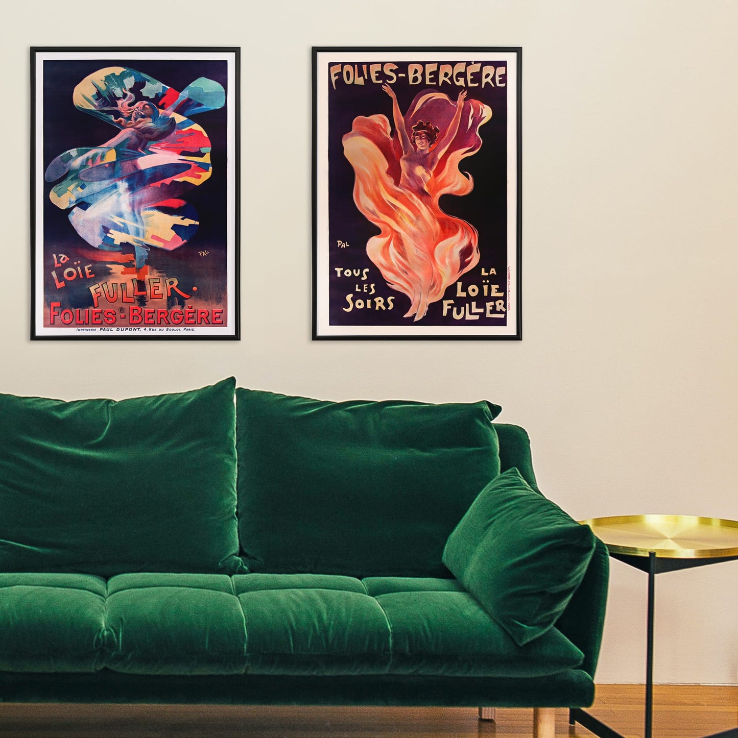 Folies-Bergere La Loie Fuller by Pal vibrant poster artwork featuring a dancing woman with flowing and swirling colorful fabric, framed and displayed in home decor