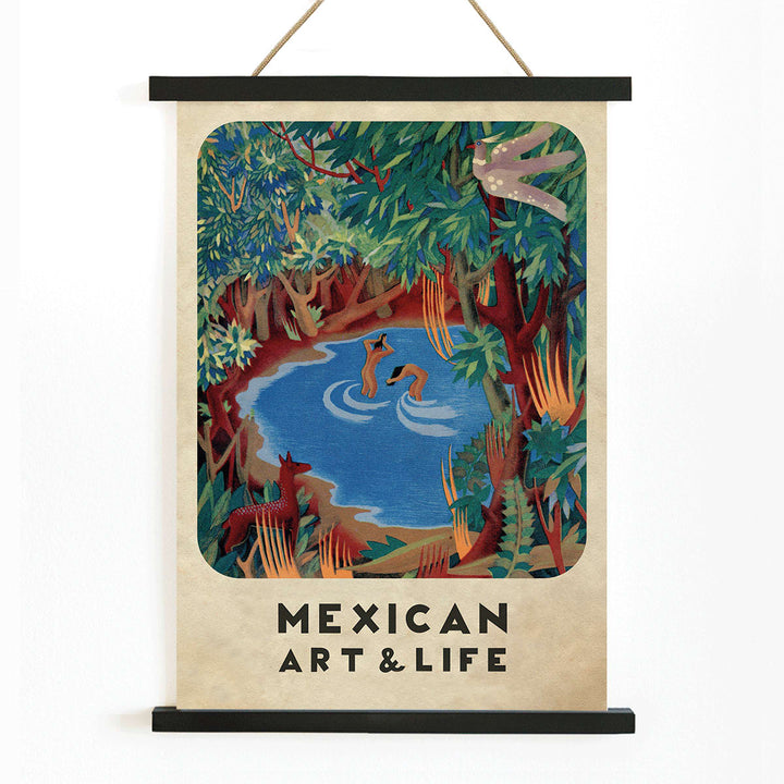 Vibrant forest scene with pond and wildlife by Carlos Merida cover art and poster from Mexican Art and Life, with wooden magnetic frame on white background