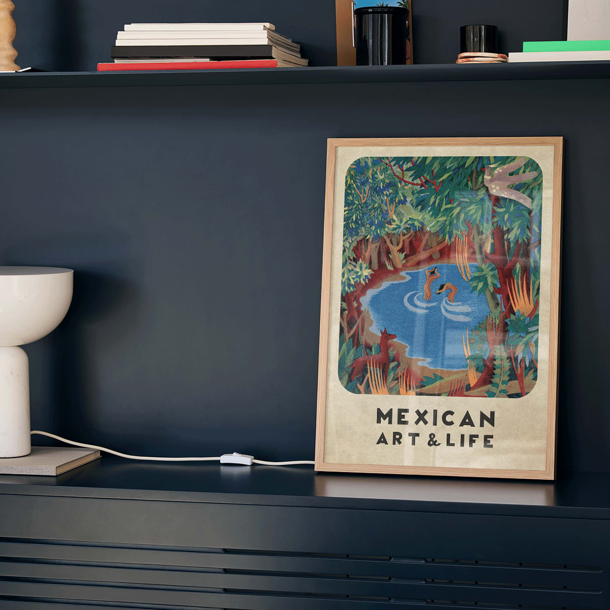 Vibrant forest scene with pond and wildlife by Carlos Merida cover art and poster from Mexican Art and Life, framed and displayed in home decor