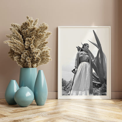 Frida Kahlo standing by agave plant black and white photograph and poster by Toni Frissell titled Senora Diego Rivera, framed and displayed in home decor