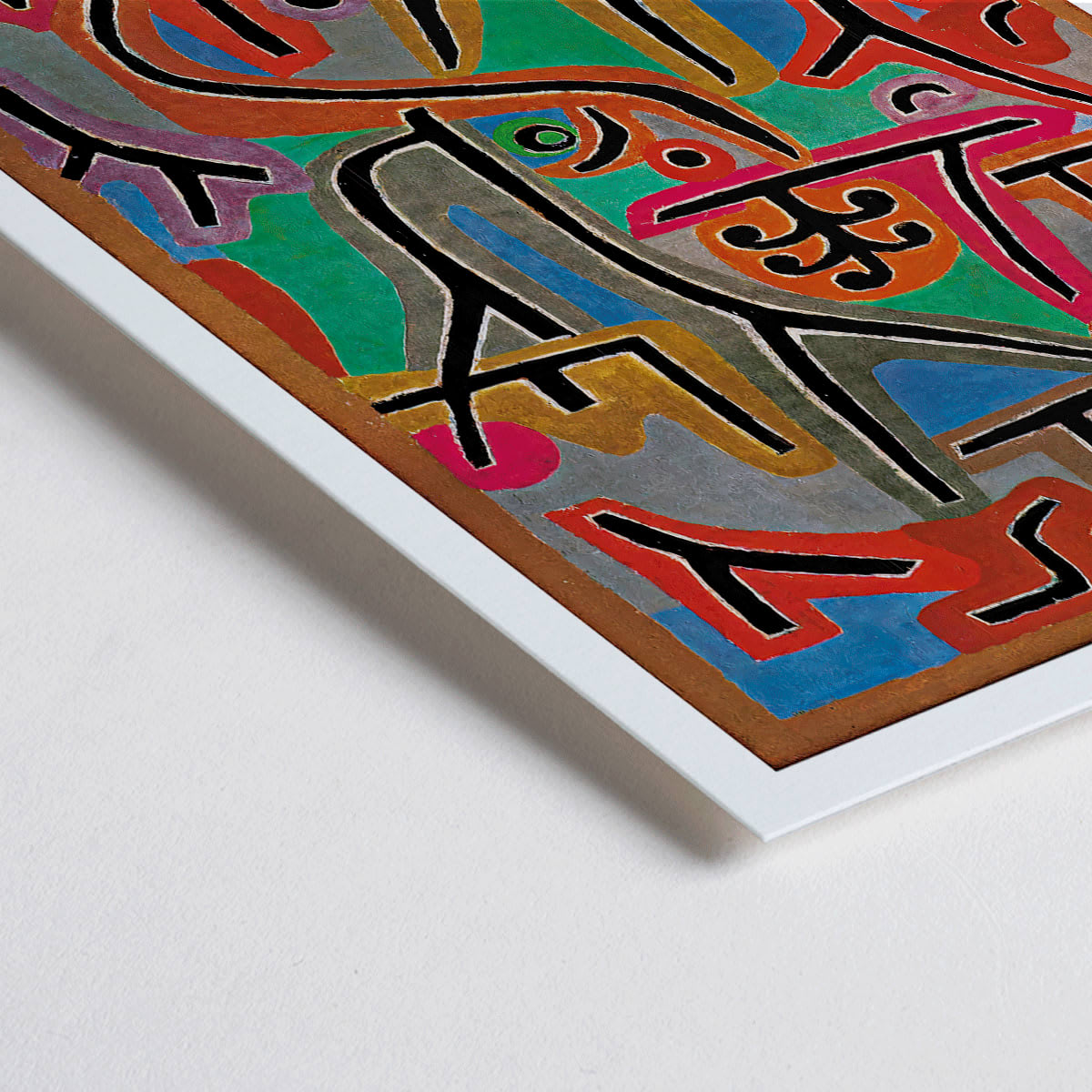 Closeup detail of Exhibition poster of Park Near Lu by Paul Klee featuring vibrant abstract shapes and bold lines in diverse colors