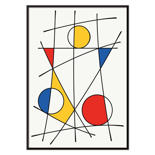 Abstract artwork by Geometric Lines and colors 3 with intersecting black lines and vibrant geometric shapes in red blue and yellow, with black aluminium frame on white background