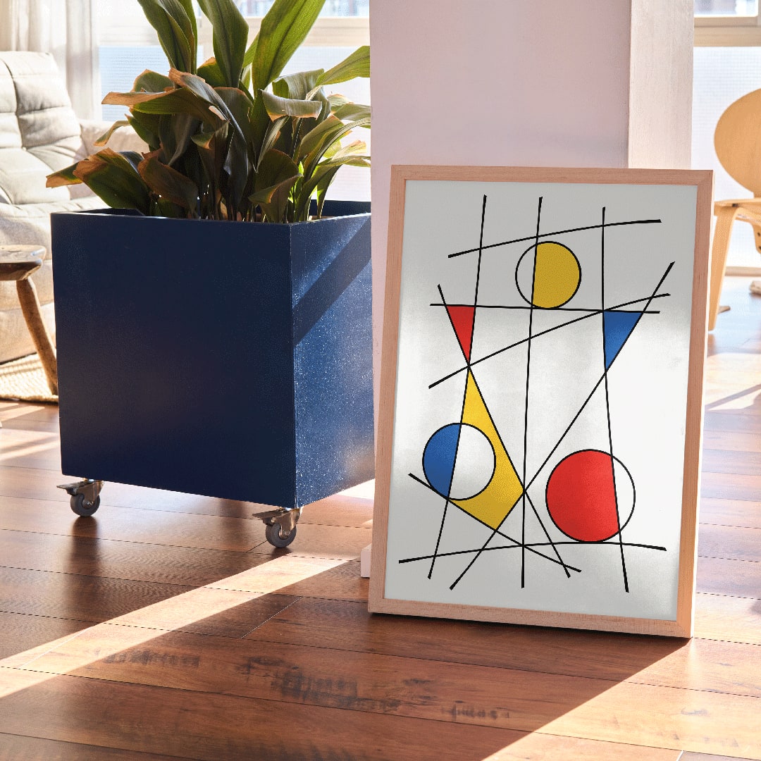 Abstract artwork by Geometric Lines and colors 3 with intersecting black lines and vibrant geometric shapes in red blue and yellow, framed and displayed in home decor