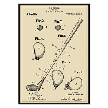 Golf Club Patent by A C Fowler with detailed technical drawings specifications and labeled parts poster, with black aluminium frame on white background