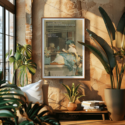 French engravers artwork of a woman reading with a child and elderly man nearby from Graveurs francais de la seconde moitie du XVIIIe siecle, framed and displayed in home decor