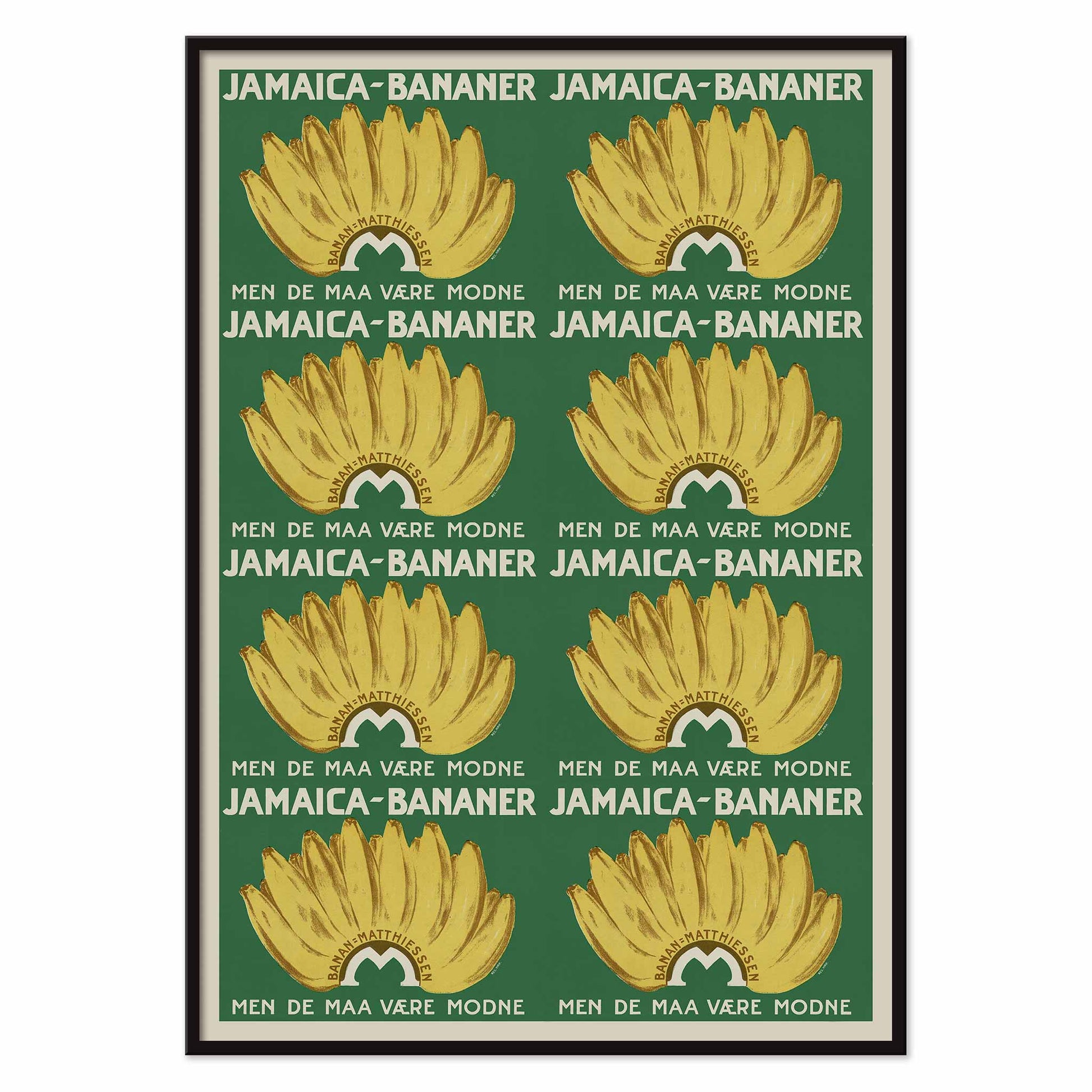 Jamaica Bananas poster with repeated ripe yellow banana bunches on a deep green vintage advertising design, with black aluminium frame on white background