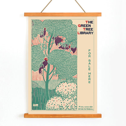 Vibrant green tree illustration and poster by Henry McCarter titled The Green Tree Library featuring green foliage decorative border and text for sale, with wooden magnetic frame on white background