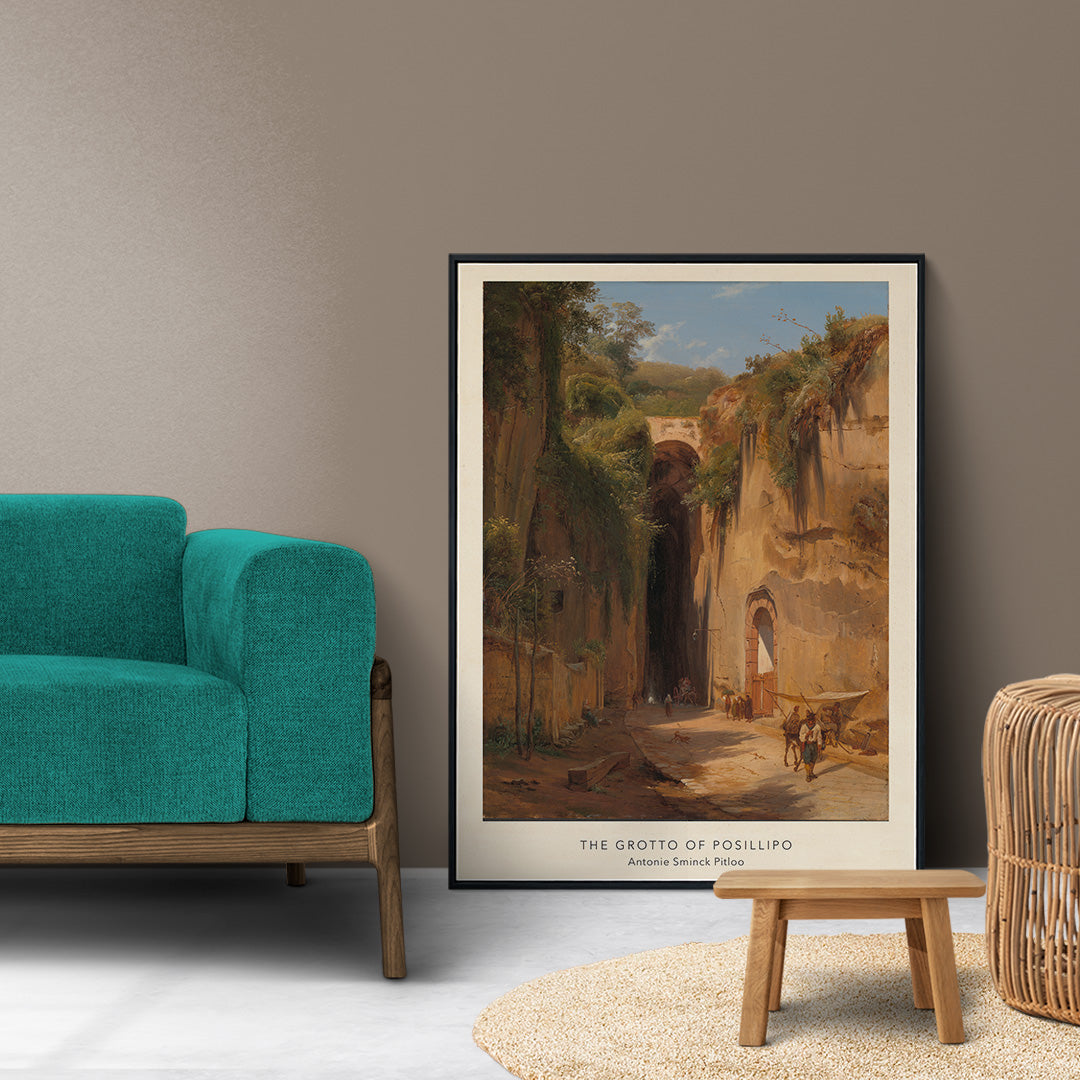 The Grotto of Posillipo by Antonie Sminck Pitloo scenic landscape with people animals stone archway cliffs and dramatic rocky tunnel entrance, framed and displayed in home decor