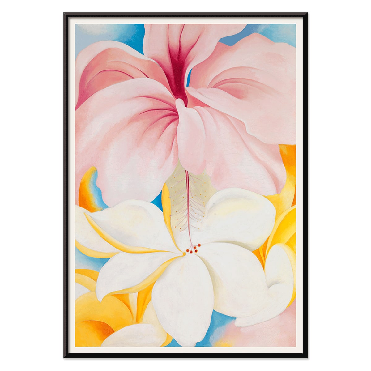 Hibiscus with Plumeria by Georgia O Keeffe vibrant pink and white flowers in a colorful composition poster, with black aluminium frame on white background