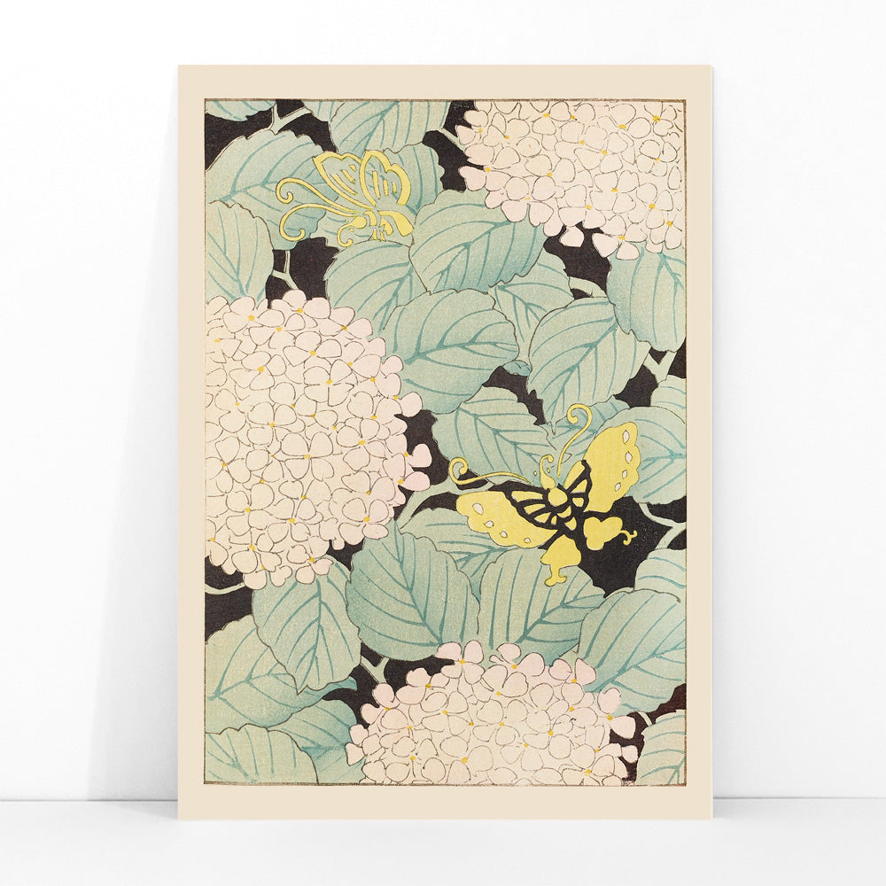 Yellow butterflies and white hydrangea flowers with green leaves in Japanese art style artwork Bijutsukai Pl 169 by Korin Furuya, framed and displayed in modern living room decor
