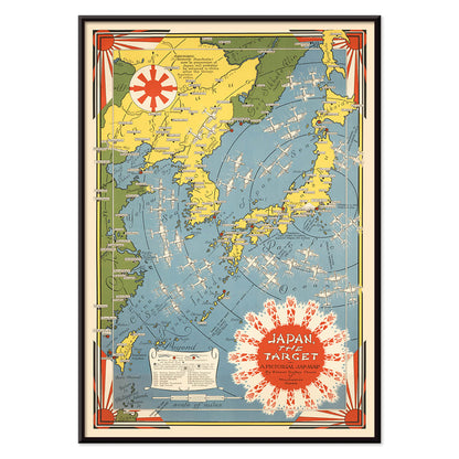 Colorful illustrated map of Japan and surrounding regions by Ernest Dudley Chase titled Japan the Target a Pictorial Jap-map poster, with black aluminium frame on white background