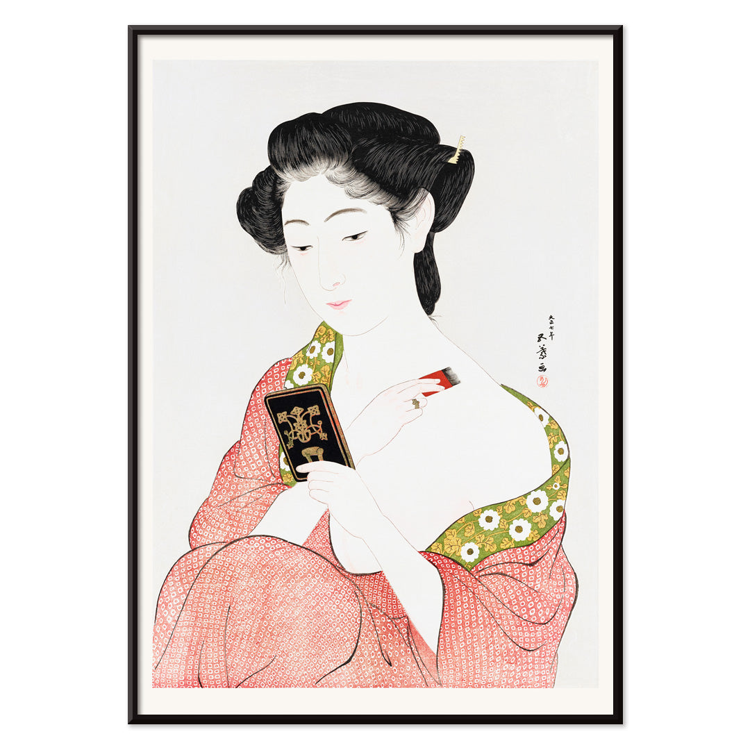High resolution Japanese art print of a woman in a kimono applying powder by Goyo Hashiguchi titled Woman Applying Powder, with black aluminium frame on white background