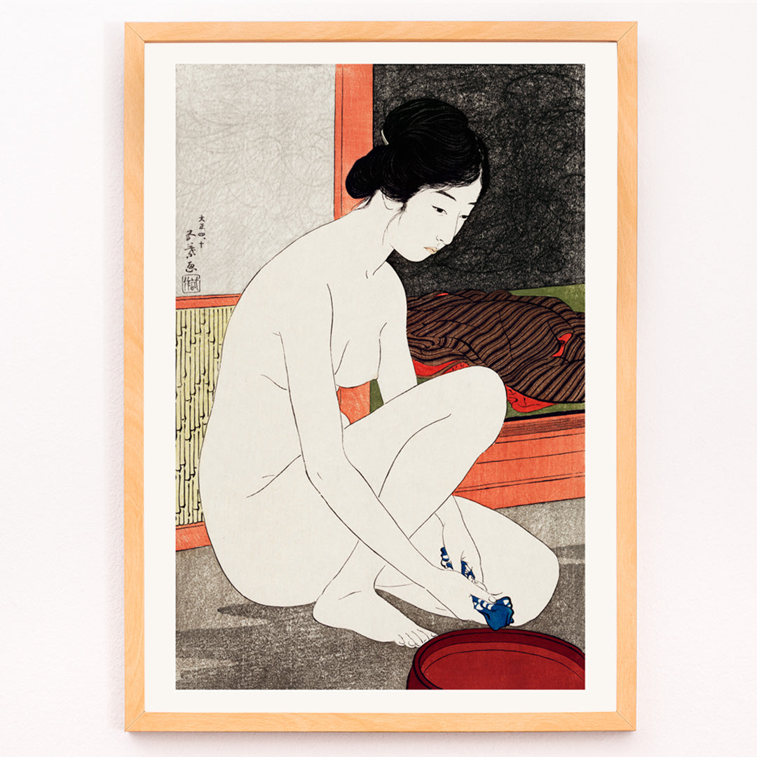 Closeup detail of Japanese woman bathing in traditional interior from Yokugo no onna by Goyo Hashiguchi Japanese art poster