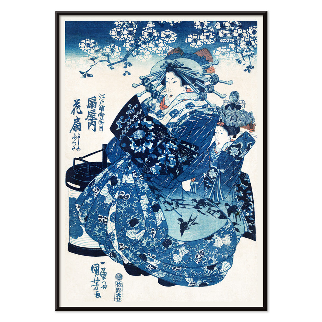 Japanese women in traditional kimono with floral patterns and blossom trees ukiyo-e style artwork by Utagawa Kuniyoshi, with black aluminium frame on white background