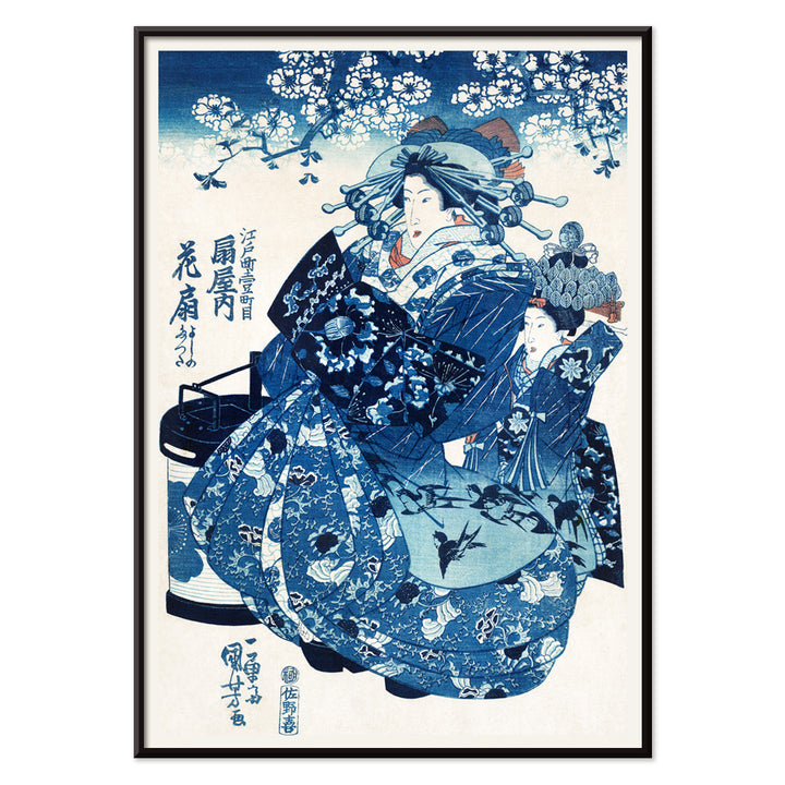 Japanese women in traditional kimono with floral patterns and blossom trees ukiyo-e style artwork by Utagawa Kuniyoshi, with black aluminium frame on white background