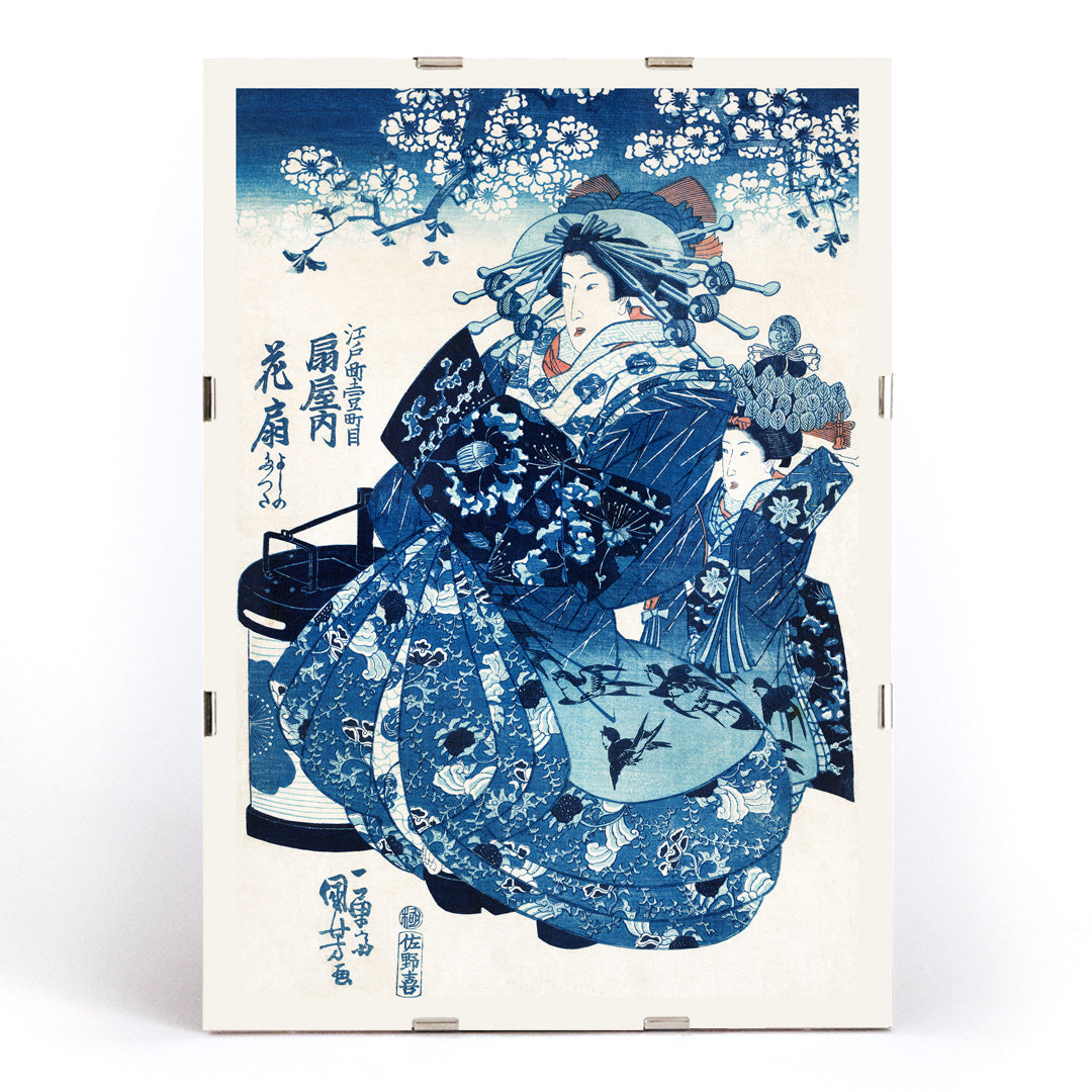 Japanese women in traditional kimono with floral patterns and blossom trees ukiyo-e style artwork by Utagawa Kuniyoshi, framed and displayed in modern living room decor