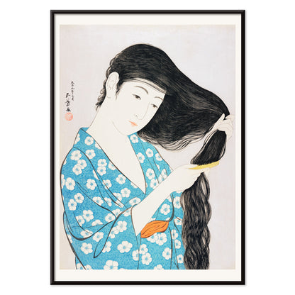 Woman in blue floral kimono combing her long hair artwork Woman Combing Her Hair by Goyo Hashiguchi Japanese art poster, with black aluminium frame on white background