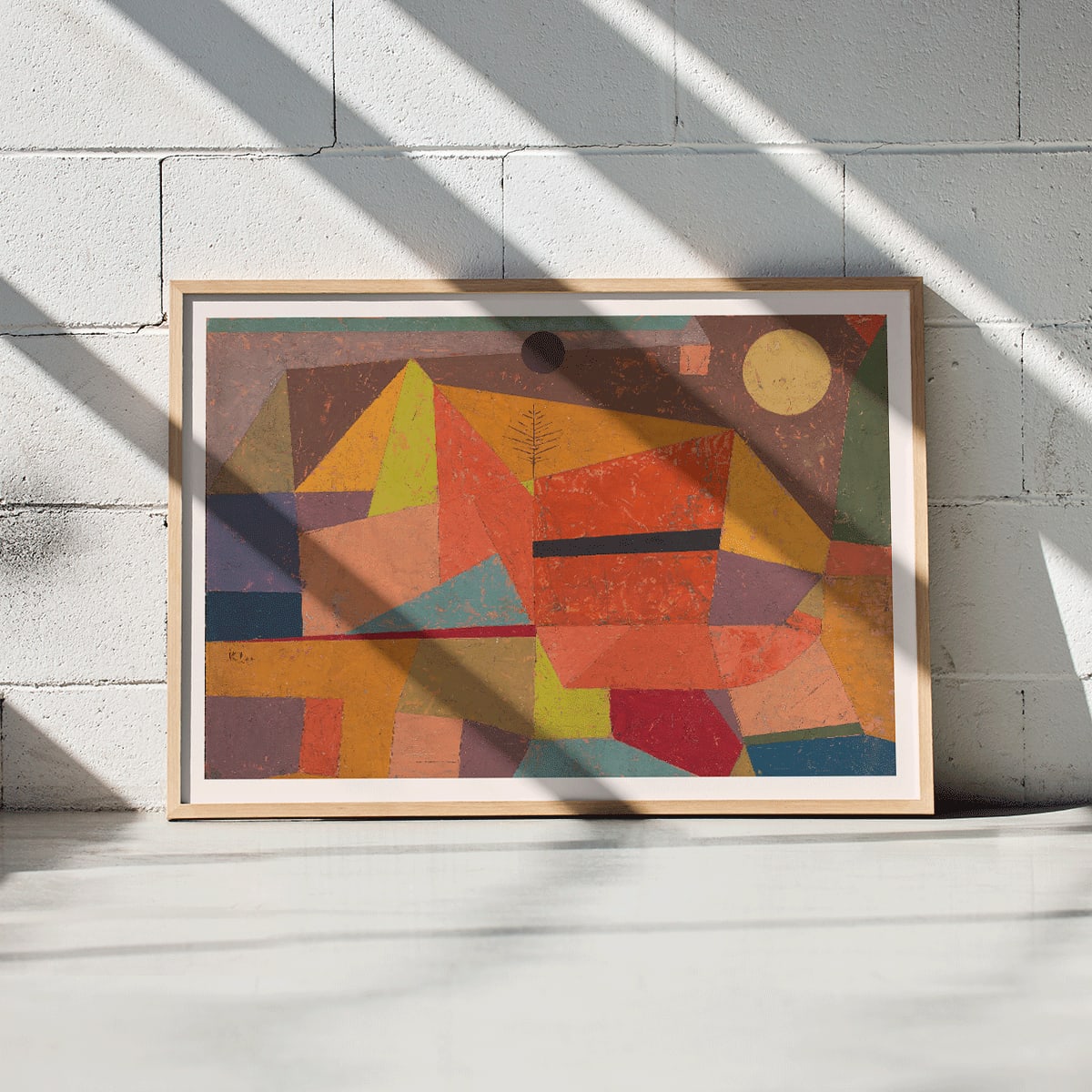 Joyful Mountain Landscape by Paul Klee vibrant abstract colors geometric shapes poster of mountainous scene, framed and displayed in home decor