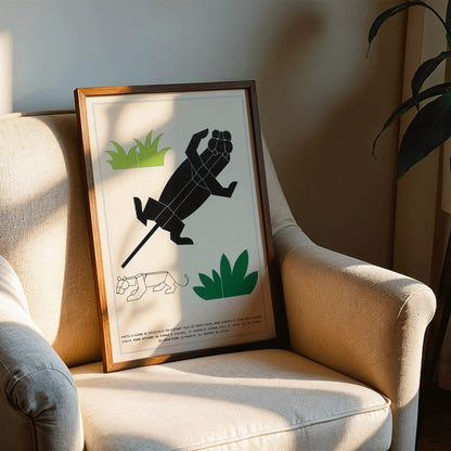 Geometric animal illustrations and poster with plants and geometric shapes forming jungle animals in La Jungle chez moi Pl 04 by Turenne Chevallereau, framed and displayed in modern living room decor