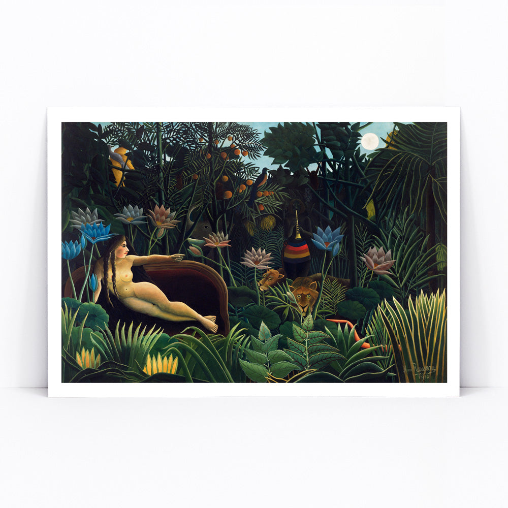 The Dream by Henri Rousseau poster featuring a nude woman reclining on a sofa in a lush jungle with vibrant plants and exotic animals, framed and displayed in modern living room decor