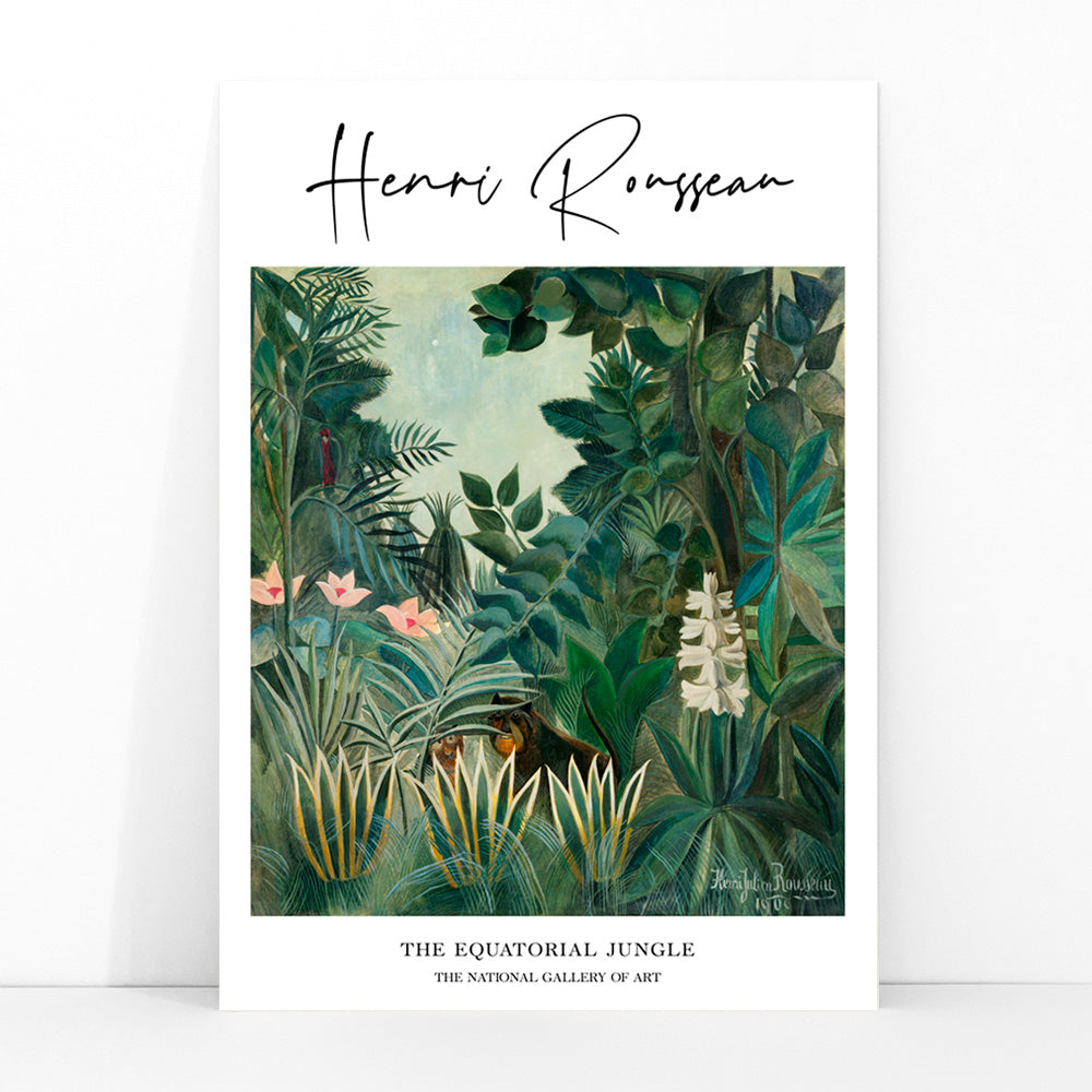 Lush green rainforest with exotic plants flowers and hidden animals inspired by The Equatorial Jungle painting by Henri Rousseau, framed and displayed in modern living room decor