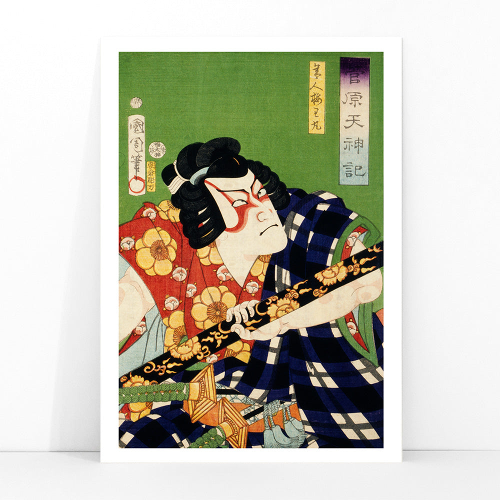 Ukiyo-e illustration and poster of kabuki actor in colorful costume by Toyohara Kunichika Japanese art, framed and displayed in modern living room decor