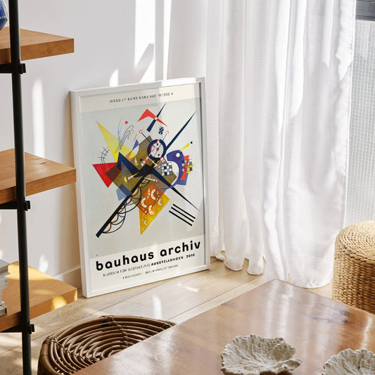 Abstract artwork Auf Weiss II by Wassily Kandinsky with geometric shapes and vibrant colors displayed at Bauhaus exhibition and featured on Bauhaus Archiv poster for Gestalt exhibition at Berlin museum, framed and displayed in home decor