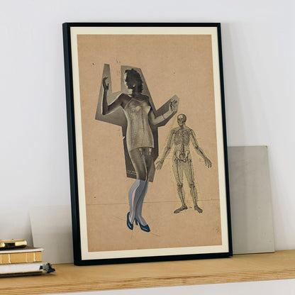 Collage and poster of a woman and skeleton Girl and Death artwork by Karl Wiener featuring a woman in a corset and skeleton illustration on a beige background, framed and displayed in home decor