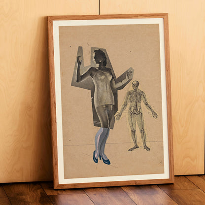 Collage and poster of a woman and skeleton Girl and Death artwork by Karl Wiener featuring a woman in a corset and skeleton illustration on a beige background, framed and displayed in modern living room decor