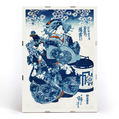 Japanese woman in traditional kimono with fan under cherry blossoms vintage ukiyo-e artwork by Utagawa Kuniyoshi, framed and displayed in modern living room decor