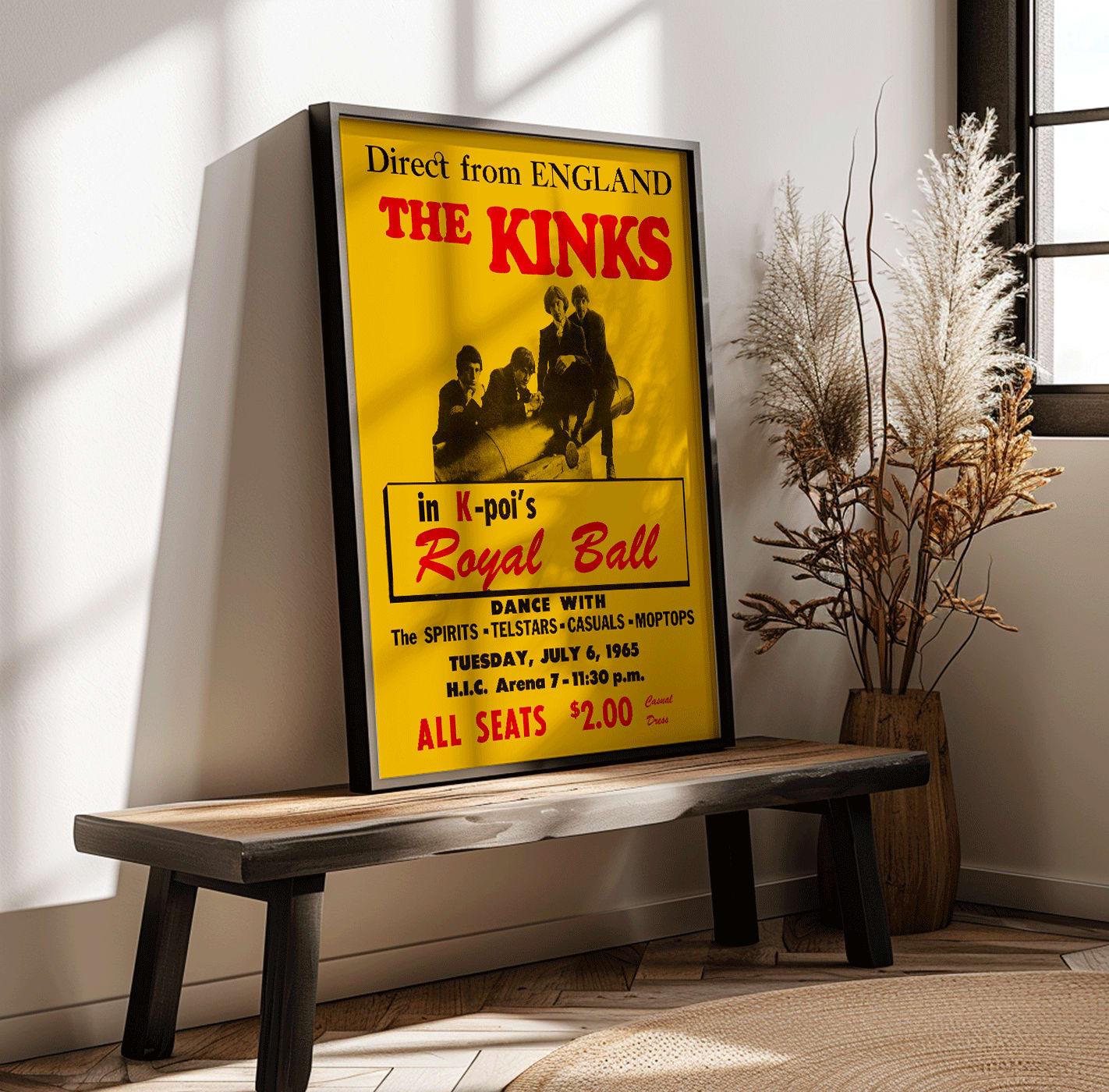 Poster and concert performance by the Kinks at Hawaii Honolulu International Center Arena featuring various bands and ticket details, framed and displayed in modern living room decor