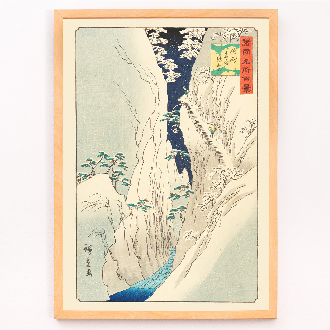 Closeup detail of Snowy mountain gorge with river travelers and trees in The Kiso Gorge in Snow Shinano Province by Hiroshige II Japanese artwork poster