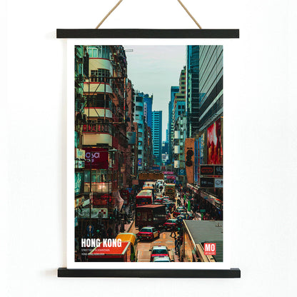 Bustling city street scene in Kowloon Hong Kong poster by Mo Art Gallery, with wooden magnetic frame on white background
