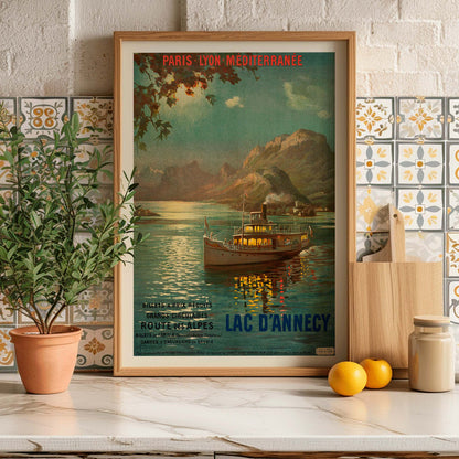 Poster of Lac d Annecy by Francois Charles Cachoud showing a boat on a serene lake with mountains and a glowing evening sky, framed and displayed in home decor