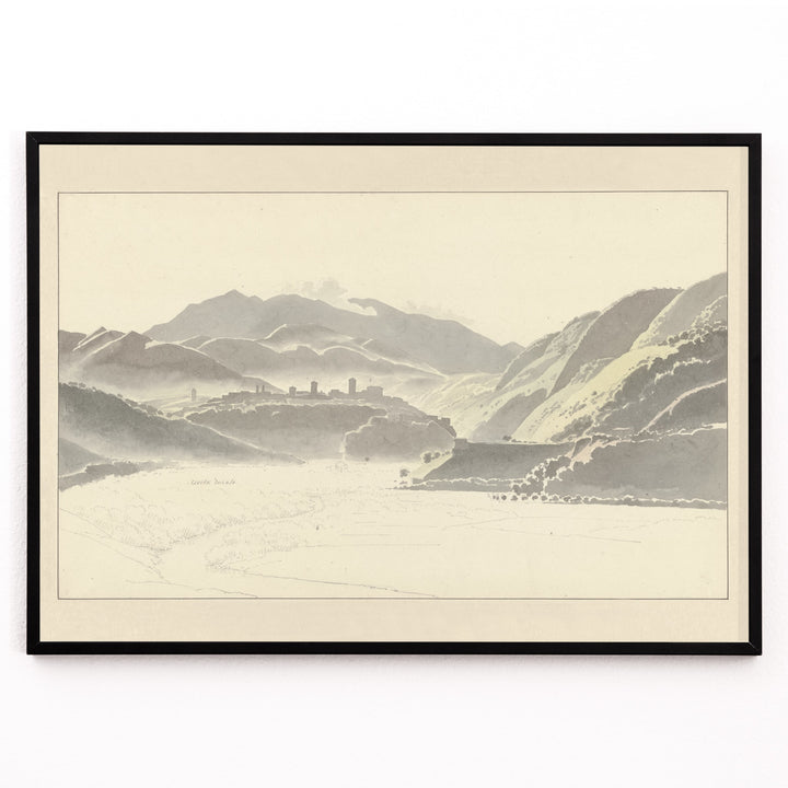 Closeup detail of Landscape of Cittaducale with hills mountains and distant town by Josephus Augustus Knip poster titled View of Cittaducale