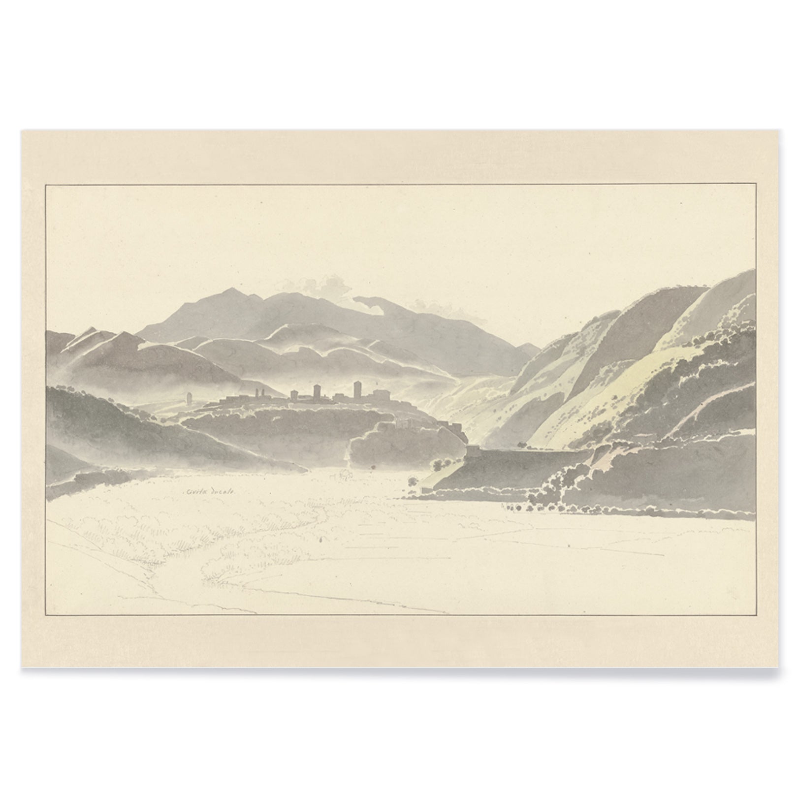 Landscape of Cittaducale with hills mountains and distant town by Josephus Augustus Knip poster titled View of Cittaducale, with black aluminium frame on white background