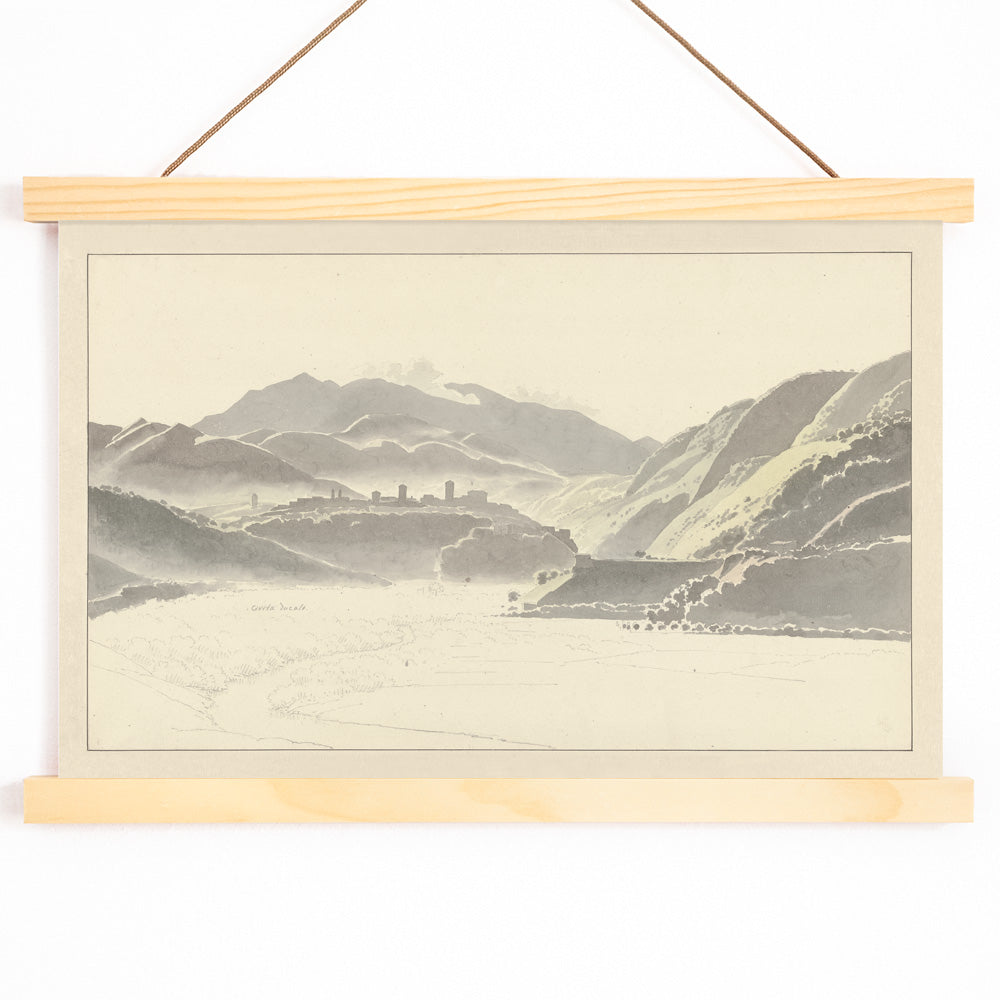 Landscape of Cittaducale with hills mountains and distant town by Josephus Augustus Knip poster titled View of Cittaducale, with wooden magnetic frame on white background