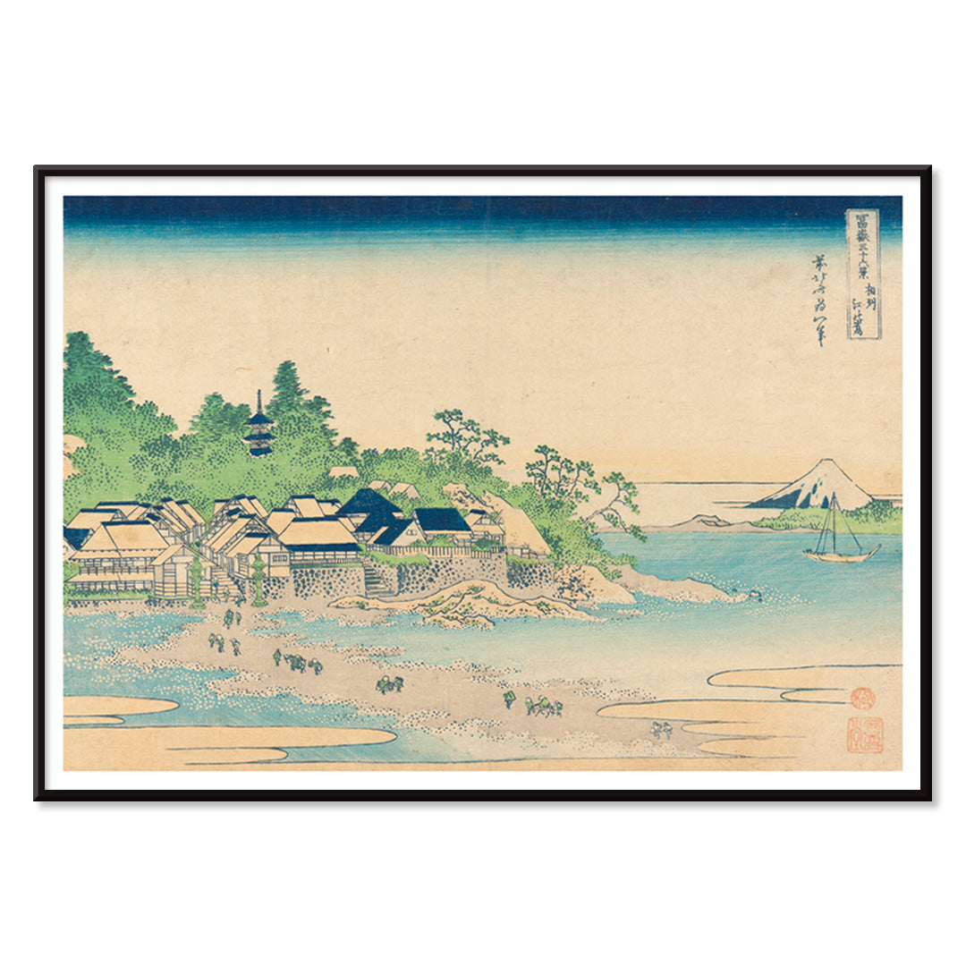 Coastal village with houses trees ocean and Mount Fuji by Katsushika Hokusai Enoshima in Sagami Province Japanese artwork, with black aluminium frame on white background