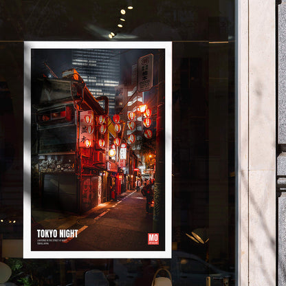Vibrant Tokyo street at night with illuminated lanterns artwork titled Tokyo Night by Mo Art Gallery, framed and displayed in modern living room decor