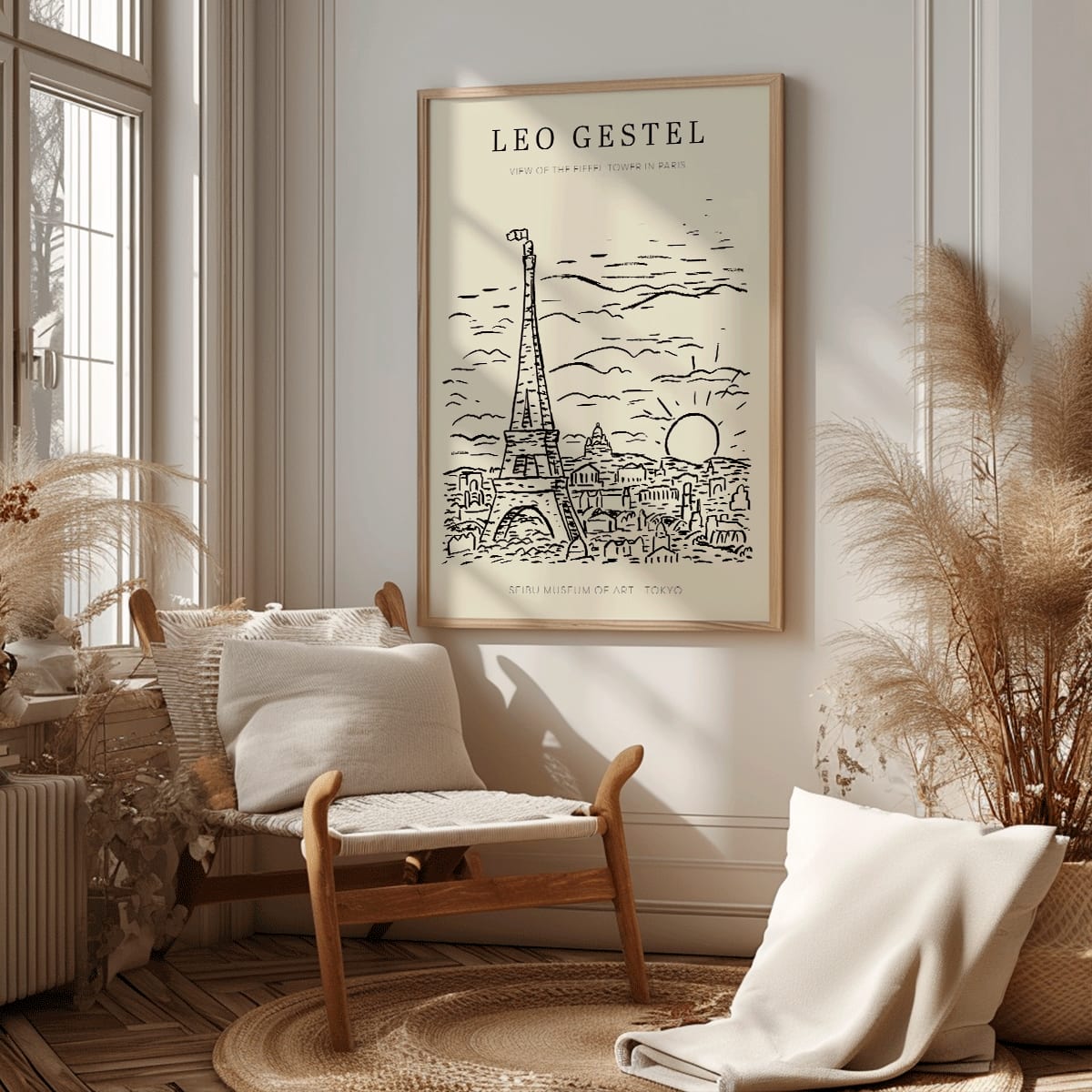 Artwork by Leo Gestel View of the Eiffel Tower in Paris sketch of Eiffel Tower and cityscape poster, framed and displayed in home decor